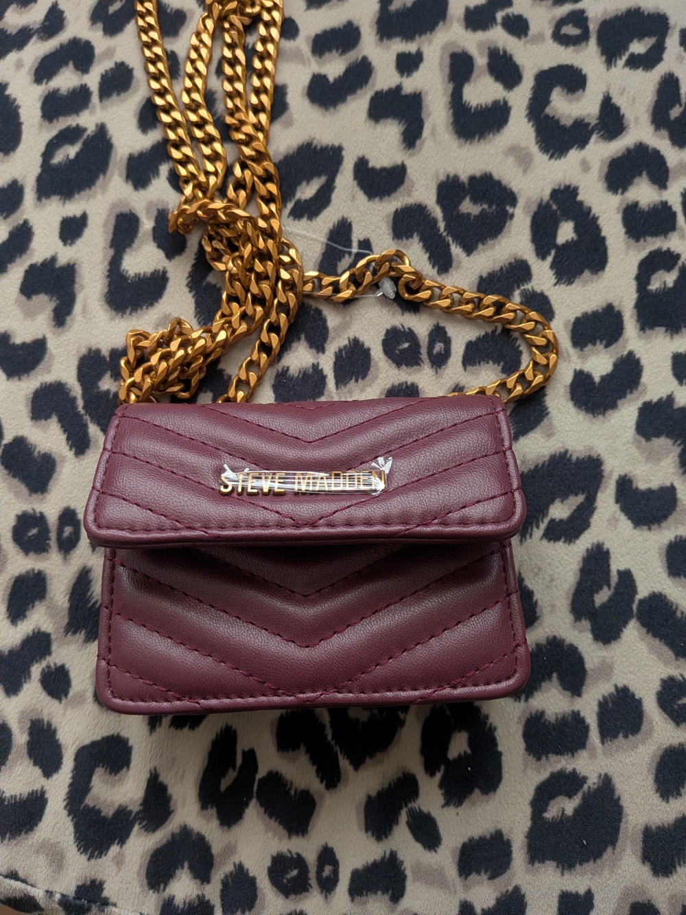Steve Madden Burgundy Quilted Mini Crossbody Bag with Gold Chain